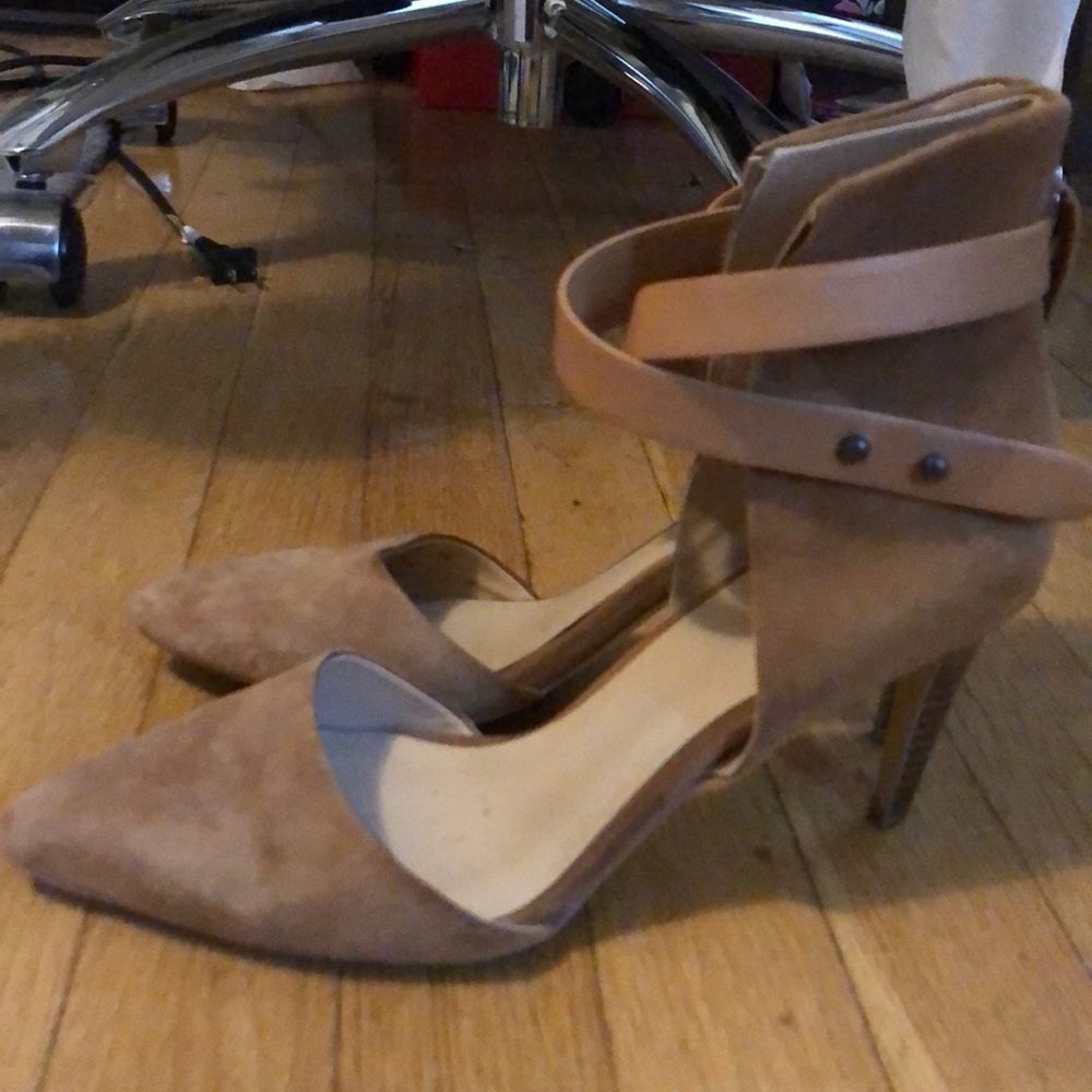 Joe’s suede camel pumps with ankle wrap